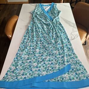 Lands End Faux Wrap Maxi Dress Size Large Floral Sleeveless Stretch Blue NWT